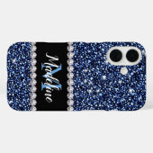 ダークネイビーブルーグリッター&ジェム，名前とモノグラム Case-Mate iPhoneケース (裏面 (横))