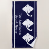 ダークネイビーブルーコースタルスティングレイ航海のマンタレイ ビーチタオル (正面)