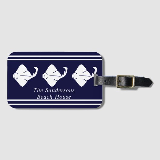 ダークネイビーブルーコースタルスティングレイ航海のマンタレイ ラゲッジタグ (正面横)