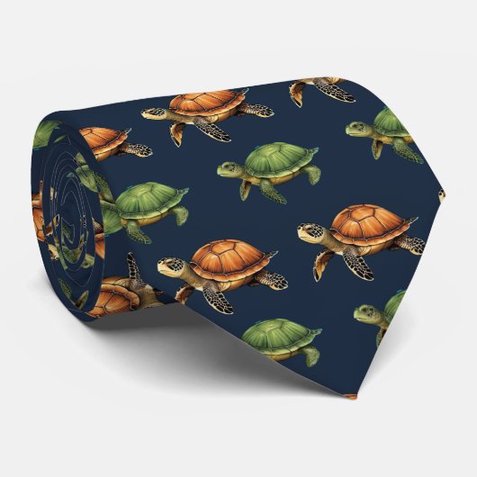 ダークネイビーブルーシーライフカメパターン(の模様が)ある ネクタイ (ロール)