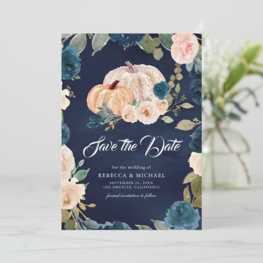 ダークネイビーブルーピーチフローラパンプキン結婚ズ セーブザデート (スタンド正面)