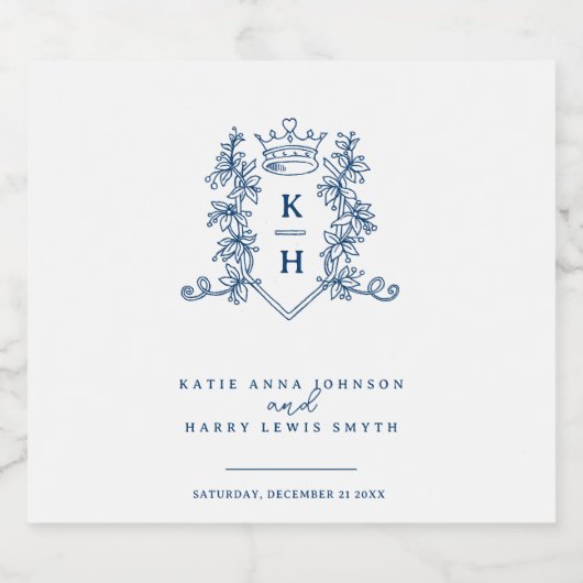 ダークネイビーブルーフォトクラウンモノグラ結婚ムの スパークリングワインラベル (シングルラベル)