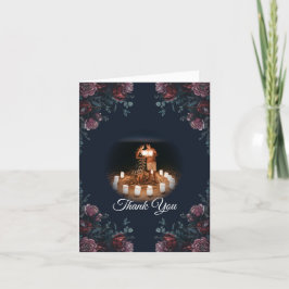 ダークネイビーブルーフローラエレガントな結婚式 サンキューカード