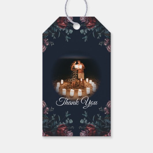 ダークネイビーブルーフローラエレガントウェディングマルーンマウヴ ギフトタグ (正面)