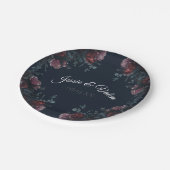 ダークネイビーブルーフローラエレガントウェディングマルーンマウヴ ペーパープレート (アングル)