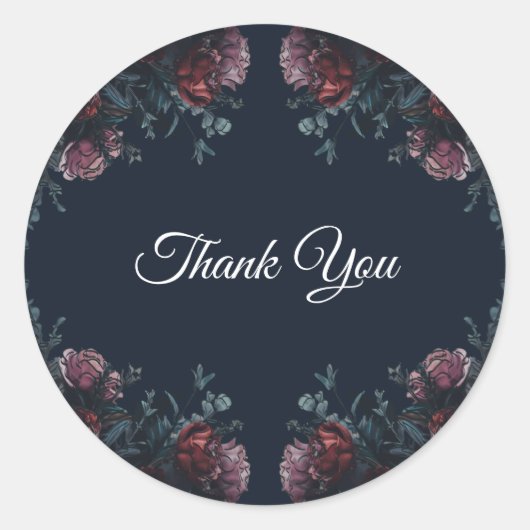 ダークネイビーブルーフローラエレガントウェディングマルーンマウヴ ラウンドシール (正面)