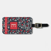 ダークネイビーブルーフローラレッドグレー白い花 ラゲッジタグ (正面横)