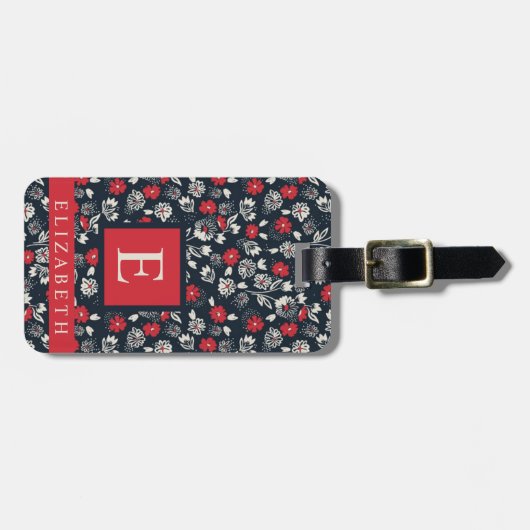 ダークネイビーブルーフローラレッドグレー白い花 ラゲッジタグ (正面横)