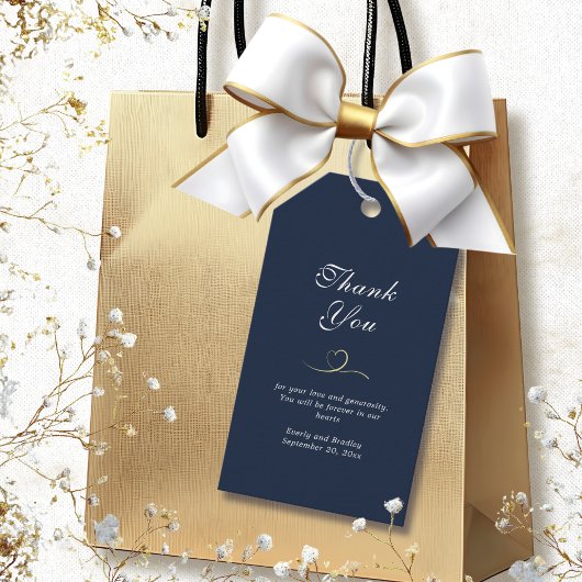 ダークネイビーブルーホワイトスクリプト金ゴールドハートありがとう ギフトタグ