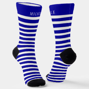 ダークネイビーブルーホワイトレトロストライプの名前をカスタムする ソックス