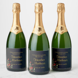 ダークネイビーブルーレッドフローラ金ゴールド卒業 スパークリングワインラベル