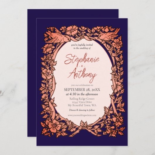 ダークネイビーブルー銅山花縁ど結婚の 招待状 (正面/裏面)