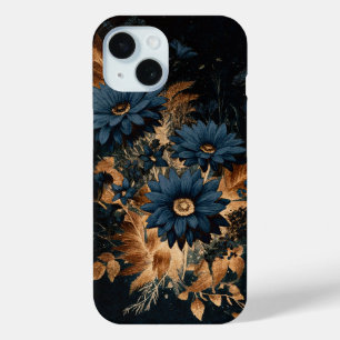 ダークネイビーブルー＆ゴールドのラスティック フラワー グラム ボホー iPhone 15ケース