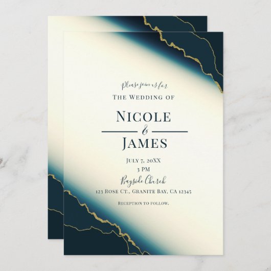 ダークネイビーブルー&金ゴールドモダンコーストビーチ結婚式 招待状 (正面/裏面)