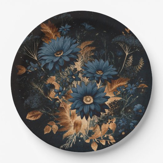 ダークネイビーブルー&金ゴールド素朴グラムボホ結婚ズ ペーパープレート (正面)