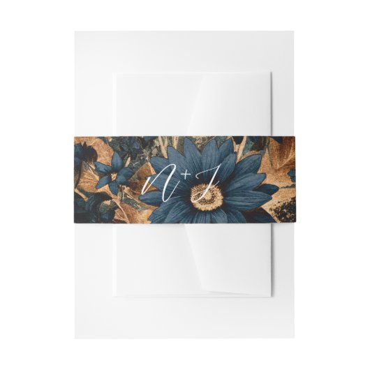 ダークネイビーブルー&金ゴールド素朴グラムボホ結婚ズ 招待状ベリーバンド (正面例)