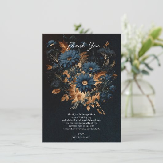 ダークネイビーブルー&金ゴールド素朴グラムボホ結婚ズ 招待状 (スタンド正面)