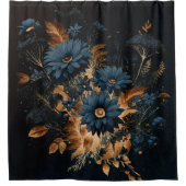 ダークネイビーブルー&金ゴールド素朴フローラグラムボホ シャワーカーテン (正面)