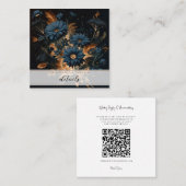 ダークネイビーブルー&金ゴールド素朴フローラグラムボホ スクエア名刺 (正面/裏面)