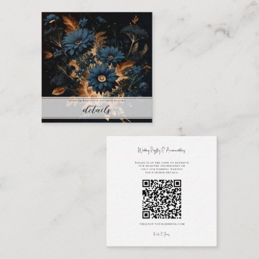 ダークネイビーブルー&金ゴールド素朴フローラグラムボホ スクエア名刺 (正面/裏面)