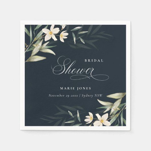 ダークネイビーホワイトグリーンリーフローラバンチブライダルシャワー スタンダードカクテルナプキン (正面)