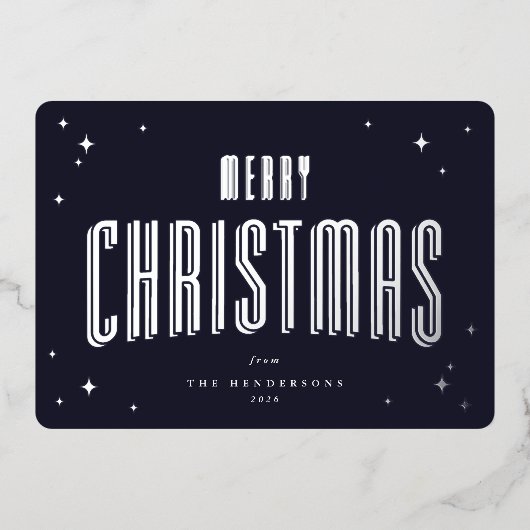 ダークネイビーメリークリスマスレトロ星写真 箔シーズンカード (正面)
