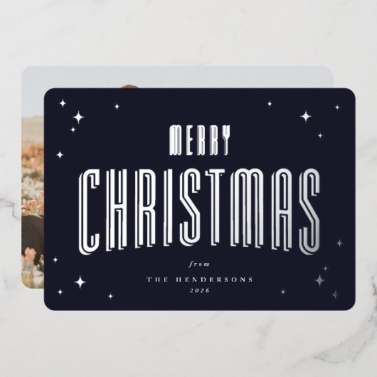 ダークネイビーメリークリスマスレトロ星写真 箔シーズンカード (正面/裏面)