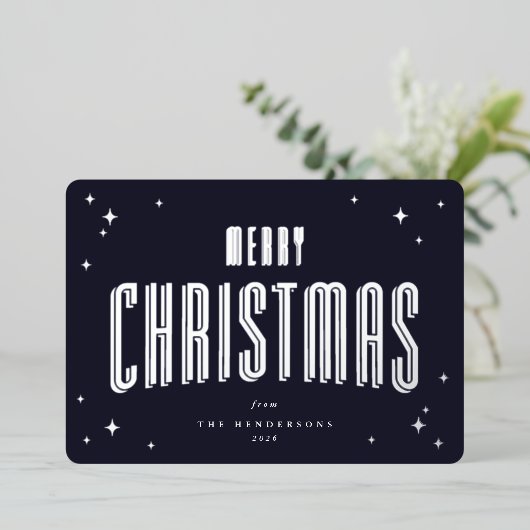 ダークネイビーメリークリスマスレトロ星写真 箔シーズンカード (立ち正面)