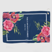 ダークネイビーモダンに赤いピンクの花を家族のために ゴルフタオル (横)