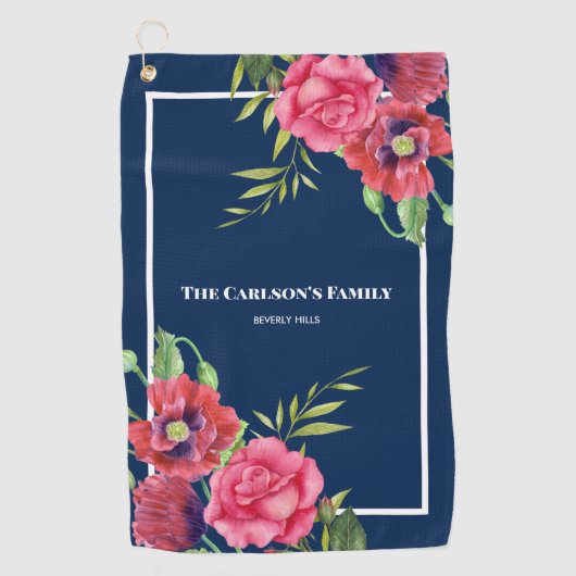 ダークネイビーモダンに赤いピンクの花を家族のために ゴルフタオル (正面)