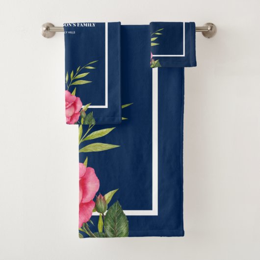 ダークネイビーモダンに赤いピンクの花を家族のために バスタオルセット (インサイチュ)