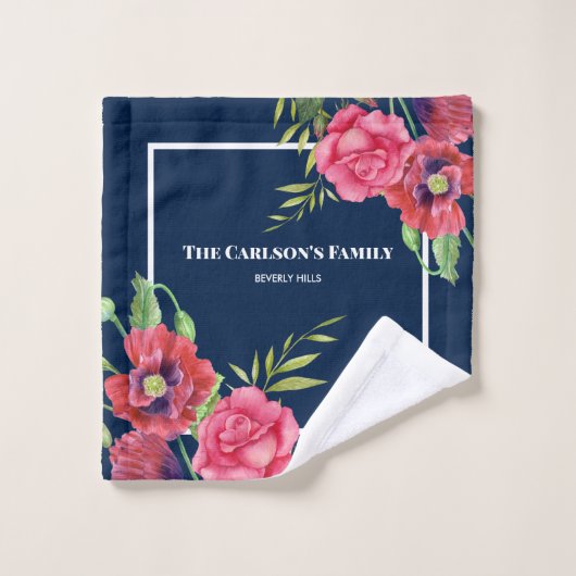 ダークネイビーモダンに赤いピンクの花を家族のために バスタオルセット (ウォッシュタオル)