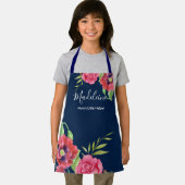 ダークネイビーモダンエプロンに赤いピンクの花を子供用 エプロン (インサイチュ)