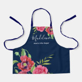 ダークネイビーモダンエプロンに赤いピンクの花を子供用 エプロン (正面)