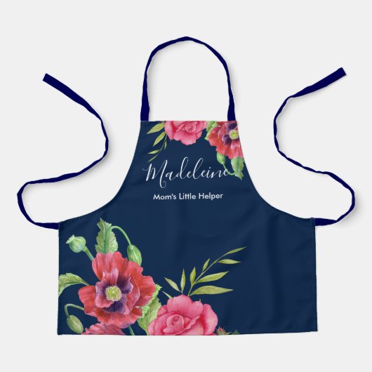 ダークネイビーモダンエプロンに赤いピンクの花を子供用 エプロン (正面)