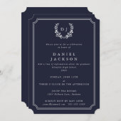ダークネイビーモノグラムローレルリース卒業 招待状 (正面/裏面)