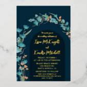 ダークネイビー水色フローラアーチ 箔招待状 (正面)