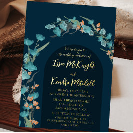 ダークネイビー水色フローラアーチ 箔招待状