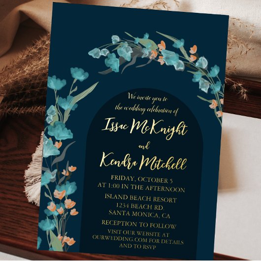 ダークネイビー水色フローラアーチ 箔招待状