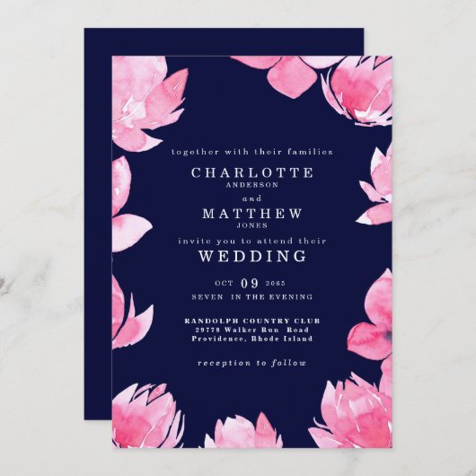 ダークネイビー背景のピンクの花の結婚式 招待状 (正面/裏面)