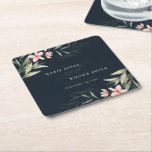 ダークネイビー赤面グリーンフローラバンチ結婚ズ スクエアペーパーコースター (アングル)