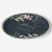 ダークネイビー赤面グリーンリーフローラブライダルシャワー ペーパープレート (アングル)