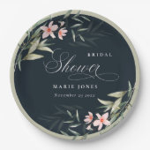 ダークネイビー赤面グリーンリーフローラブライダルシャワー ペーパープレート (正面)
