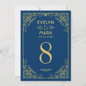 ダークネイビー金ゴールド結婚アールデコのテーブル番号 招待状 (裏面)