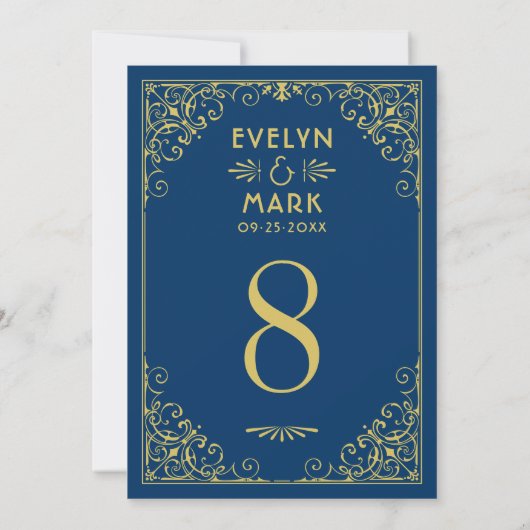 ダークネイビー金ゴールド結婚アールデコのテーブル番号 招待状 (裏面)