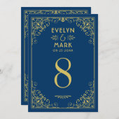 ダークネイビー金ゴールド結婚アールデコのテーブル番号 招待状 (正面/裏面)