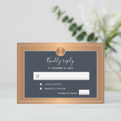 ダークネイビー銅メタリックモノグラムの結婚ズ 出欠カード (スタンド正面)