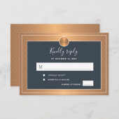 ダークネイビー銅メタリックモノグラムの結婚ズ 出欠カード (正面/裏面)