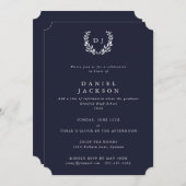 ダークネイビー+ホワイトモノグラムローレルリース卒業 招待状 (正面/裏面)