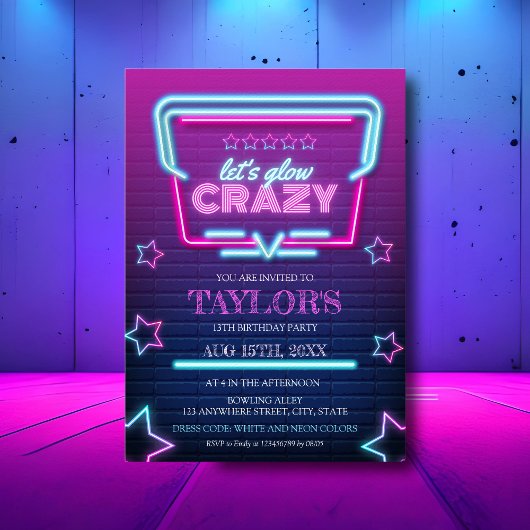 ダークネオンパープルブルーで輝く誕生日 招待状